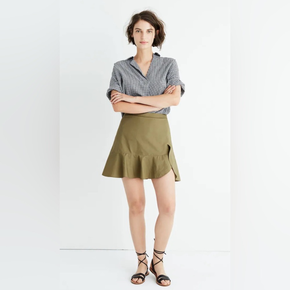 Madewell Ruffle-Wrap Mini Skirt in Expat Olive